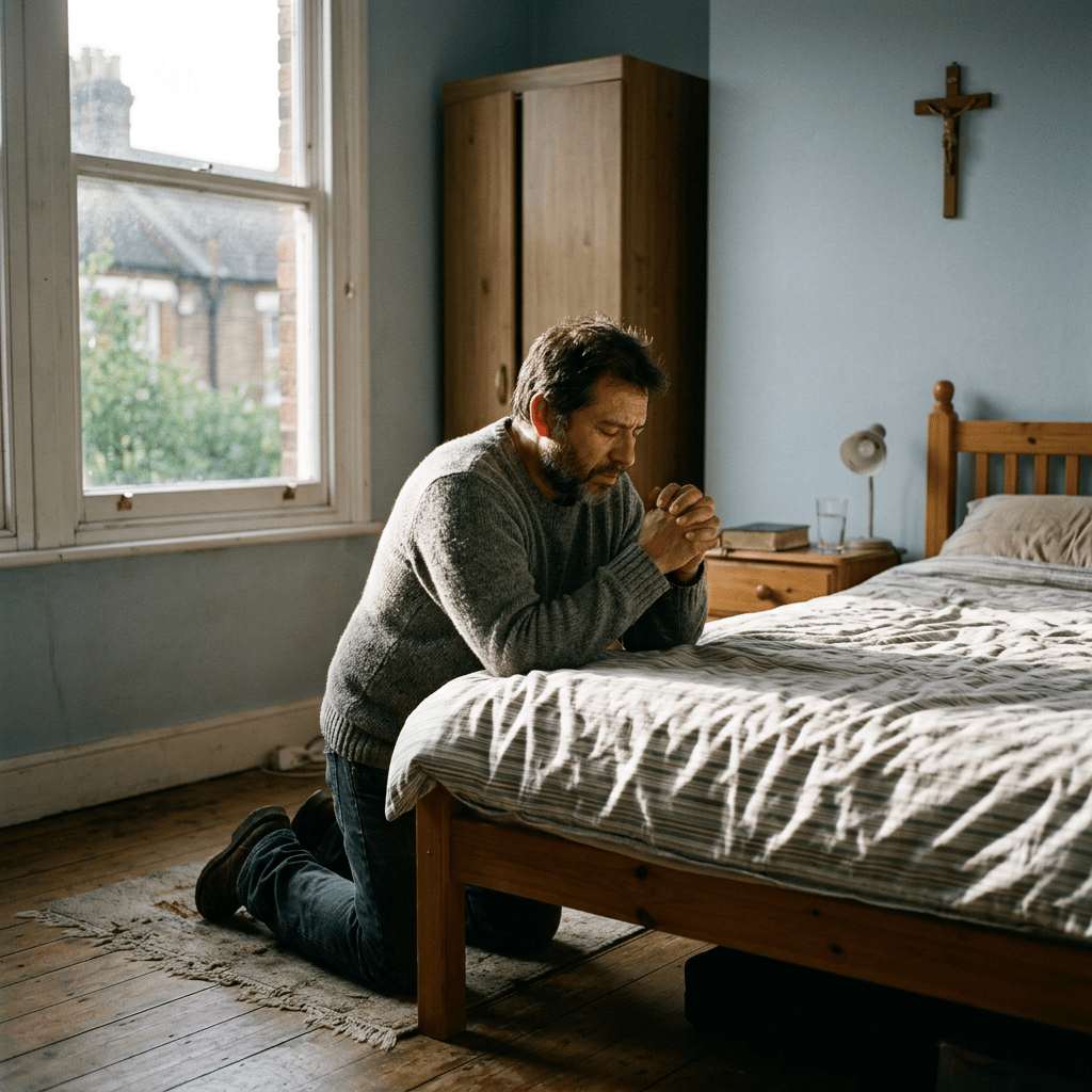 Man kneeling and praying by bed with crucifix on wall