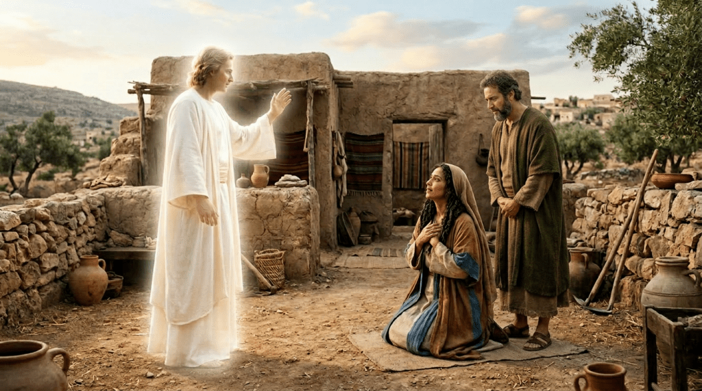 Angel with glowing white wings speaking to kneeling woman in traditional clothes